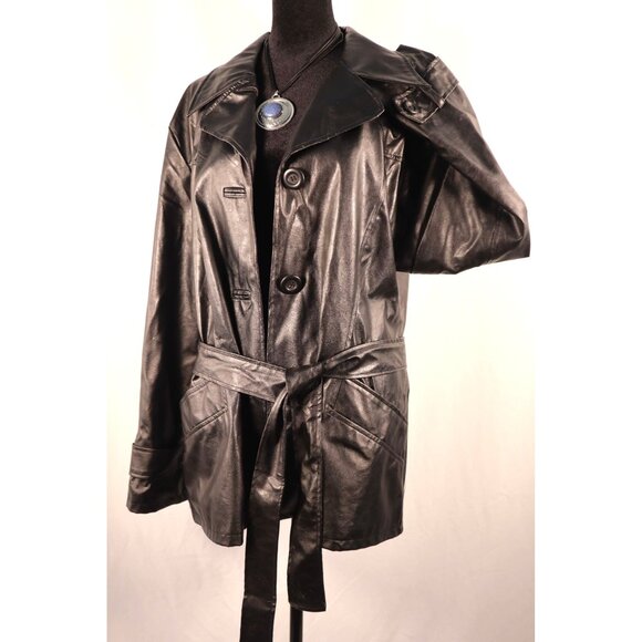 Vintage 90s Y 20K Jennyfer J Faux‎ Black Leather Trench Coat Women's Size 2X - Picture 6 of 16